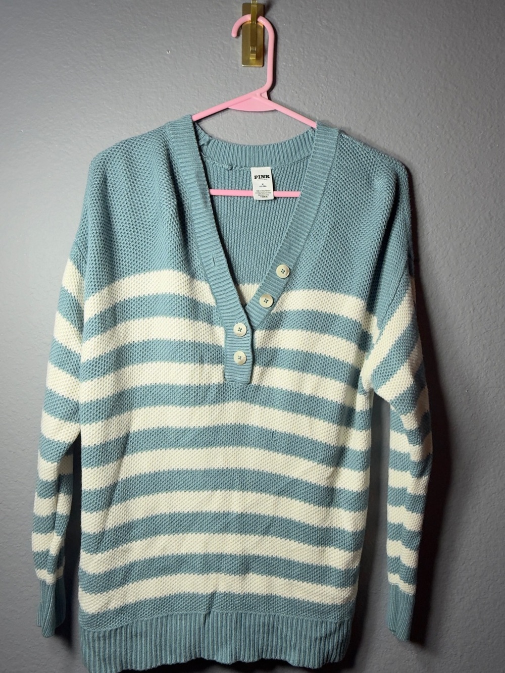 PINK Victoria's Secret Light Blue and White Striped V-Neck Button Sweater